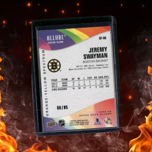 2022-23 Upper Deck Allure Jeremy Swayman Color Flow Orange - Yellow Speckle back