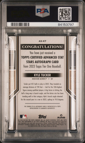 2023 Topps Tier One Advanced Stat Stars Autographs Kyle Tucker #ASKT PSA 10 back