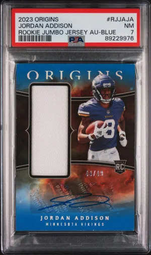 2023 Panini Origins Rookie Jumbo Jersey Autographs Jordan Addison Rookie Jumbo Jersey Au-Blue front