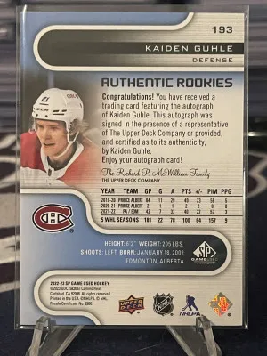 22/23 2022 SP GAME USED KAIDEN GUHLE #193 AUTHENTIC ROOKIES BLUE AUTOGRAPH AUTO back
