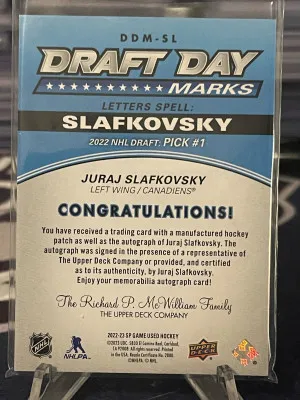 2022-23 SP Game Used Draft Day Marks “K”Juraj Slafkovsky #DDM-SL /35 back