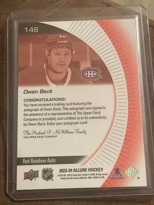 2023-24 Upper Deck Allure Rookies Red Rainbow Owen Beck #148 Rookie Auto RC back