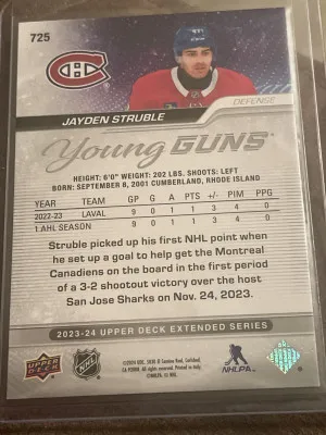 2023-24 Upper Deck Young Guns Jayden Struble RC Montreal Canadiens #725 back