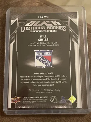 2023-24 Upper Deck SPX Black Lustrous Autograph Auto #WC Will Cuylle 117/199 RC back
