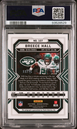 Breece Hall 2022 Obsidian #107 Auto Electric Etch Yellow /25 PSA 10 back