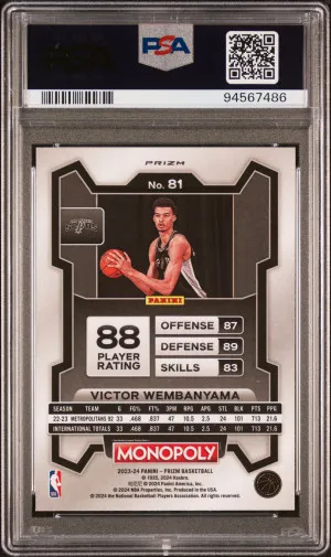 2023 Panini Prizm Monopoly Victor Wembanyama Red Pattern SSP PSA 10 GEM MT back