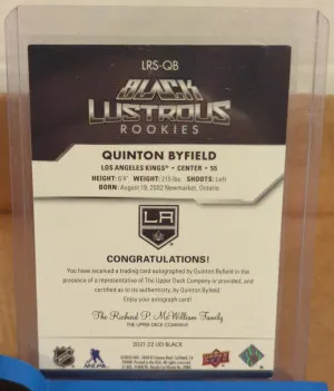 2021/22 UD Black Quinton Byfield Black Lustrous Auto 92/99 back