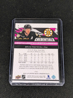 2023-24 Upper Deck Credentials David Pastrnak Pink /49 Boston Bruins #7 back