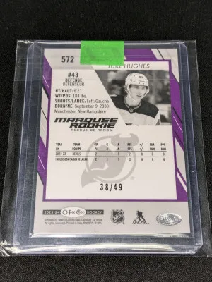 2023-24 LUKE HUGHES UD O-PEE-CHEE MARQUEE RC PURPLE BORDER #572 /49 back