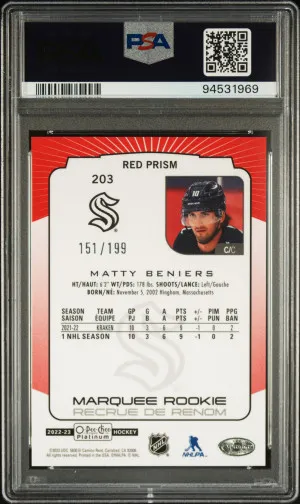 MATTY BENIERS Rookie RC 2022 O-Pee-Chee Platinum Red Prism /199 PSA 10 GEM MINT Pop 2 back