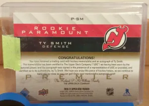 2020/21 Premier Ty Smith Rookie Patch Auto 98/99 back