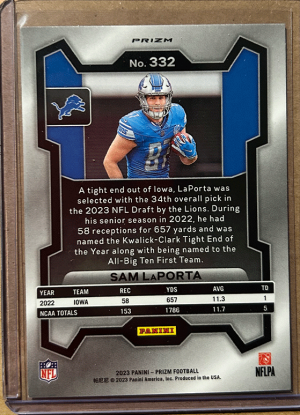 2023 Panini Prizm Sam LaPorta RC Red White Blue #332 back