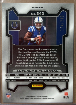 2023 Panini Prizm Anthony Richardson RC Orange Holo #354 164/249 back