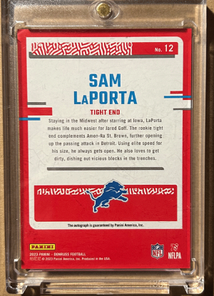 2023 Panini Donruss Sam LaPorta #12 Serial Numbered 263/299 back