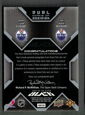 2008-09 Upper Deck Black Grant Fuhr Jari Kurri Autograph Jersey Dual Marks of Obsidian 04/25 back