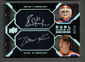 2008-09 Upper Deck Black Grant Fuhr Jari Kurri Autograph Jersey Dual Marks of Obsidian 04/25 front