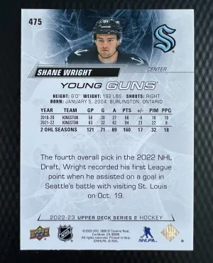 2022 Upper Deck Shane Wright #475 Rookie back