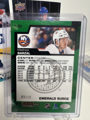 2020-21 O-Pee-Chee Platinum Emerald Surge Mathew Barzal 03/10 back