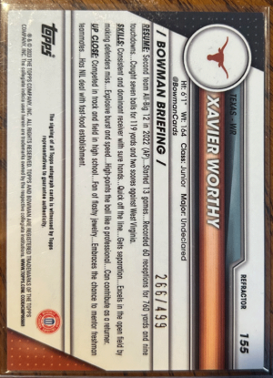 2022 Topps Bowman U Xavier Worthy #155 Autograph #266/499 back