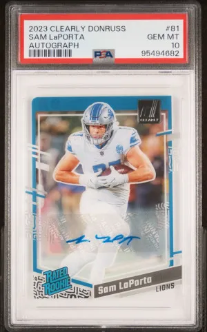 2023 NFL Clearly Donruss Sam LaPorta Auto PSA 10 front