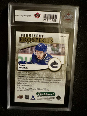2019-20 U.D. PARKHURST #PP-20 QUINN HUGHES
AUTO ROOKIE CARD back