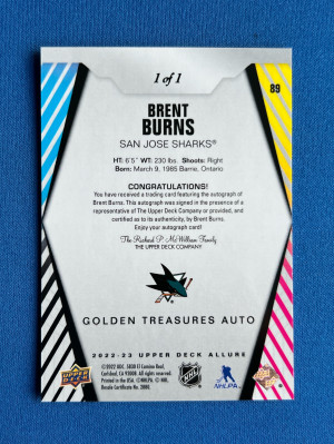 2022-23 Upper Deck Allure Brent Burns Golden Treasures Auto 1/1 One Of One! back