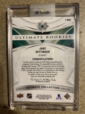 2020-21 Ultimate Rookie Patch Autographed Jake Oettinger 13/99 back