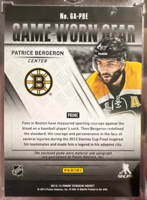 Patrice Bergeron Game Worn Gear Patch Auto /25 back
