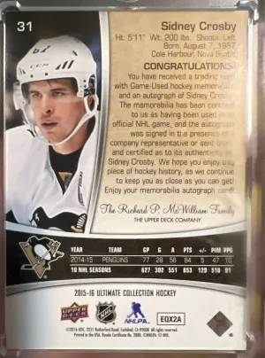 Sidney Crosby 2015-16 Ultimate Hockey Patcch Auto /25 back