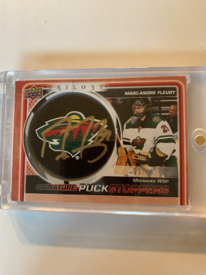 2022-23 Trilogy Puck Stoppers Autographed Marc-Andre Fleury 21/23 front