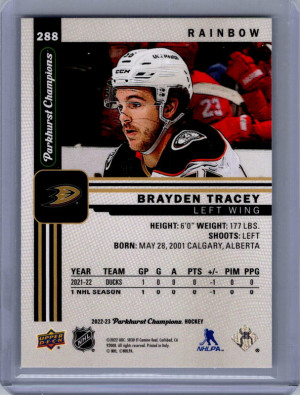 Parkhurst Champions Brayden Tracey #288 Anaheim Ducks back