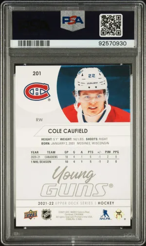 2021-2022 Upper Deck Cole Caufield #201 Rookie PSA 9 back