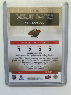 2020-21 Upper Deck Kirill Kaprizov Debut Dates back