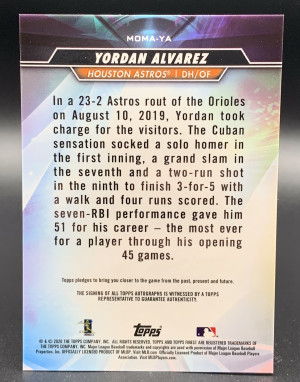 Yordan Alvarez 2020 Topps Finest - Finest Moments Autographs - Rookie Card.  Card number:  MOMA-YA.  Free shipping! back