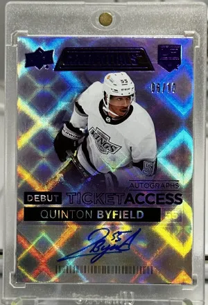 Quinton Byfield 2021-22 Upper Deck Credentials Debut Ticket Access Auto #/10 Purple Rookie front