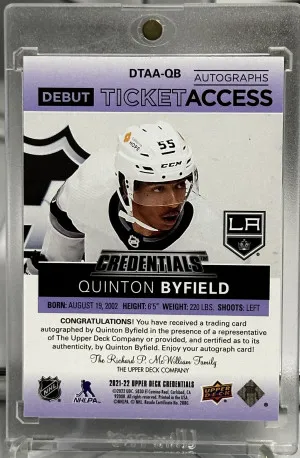 Quinton Byfield 2021-22 Upper Deck Credentials Debut Ticket Access Auto #/10 Purple Rookie back