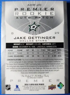Jake Oettinger Premier Rookie Patch Auto /99 back