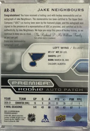 Jake Neighbours Premier Patch Auto 30/249 back