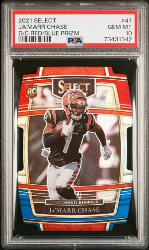 2021 Panini Select Ja'marr Chase Die Cut Red/Blue Prizm PSA 10 front