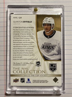 2021-22 Upper Deck The Cup NHL Collection Rookie Patch Auto /35 Quinton Byfield back