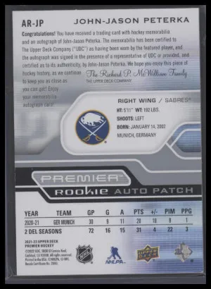2021 Upper Deck Premier JJ Peterka #AR-JP Rookie Patch Auto #'d /249 back