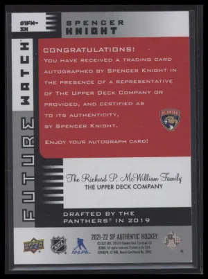 2021 SP Authentic Spencer Knight #01FW-SK Retro Future Watch Auto #'d /90 back