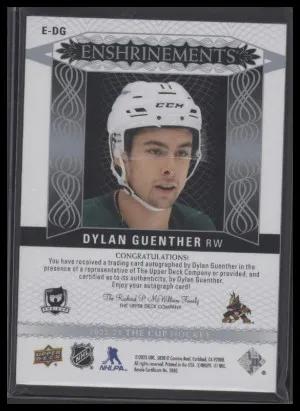 2022 Upper Deck The Cup Dylan Guenther #E-DG Enshrinments Rookie Auto #'d /99 back