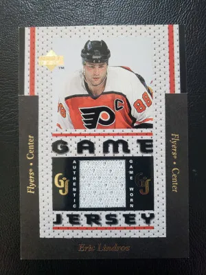 HoF ERIC LINDROS 1996-97 Upper Deck Game Jersey First Ever Game Worn UD Patch Cards front