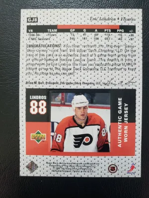 HoF ERIC LINDROS 1996-97 Upper Deck Game Jersey First Ever Game Worn UD Patch Cards back