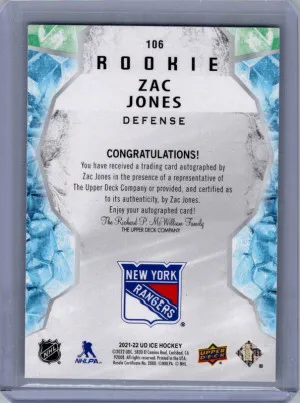 Upper Deck Ice Autographs White Snowflake Zac Jones #106 RC Auto back