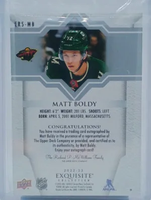 Matt Boldy Exquisite Collection Rookie Auto /99 back