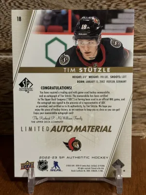 2022-23 SP Authentic Limited Auto Material /50 Tim Stutzle back