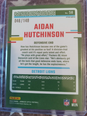 2023 Donruss Optic Aidan Hutchinson Flex Emoji Prizm 46 /149 Detroit Lions No. 58 back