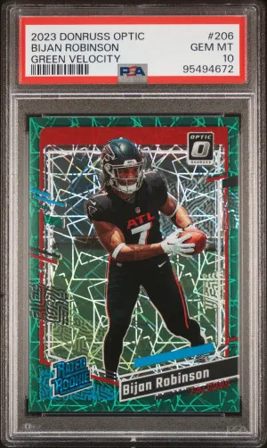2023 NFL Panini Donruss Optic Bijan Robinson Green Velocity #206 RC PSA 10 front